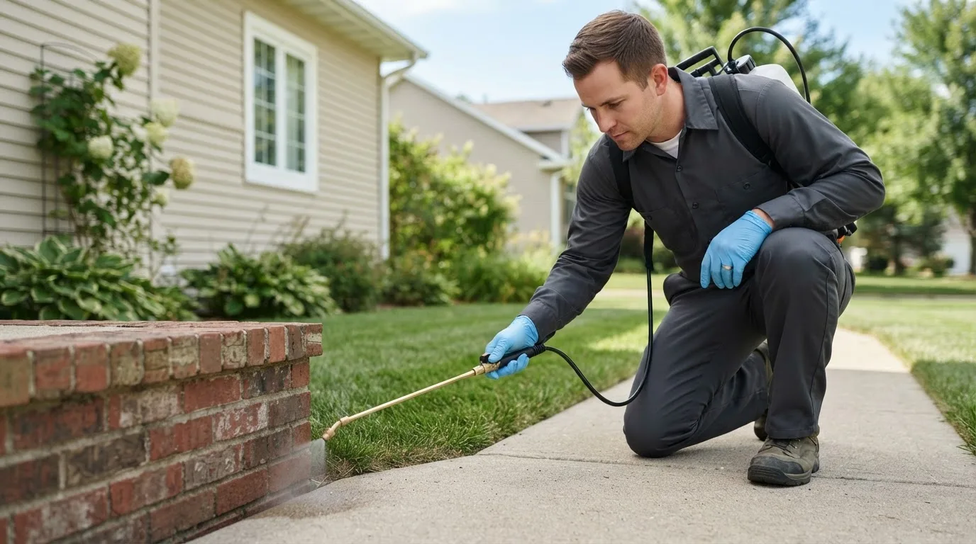 Pest control technician treating a home near Shelly, MN